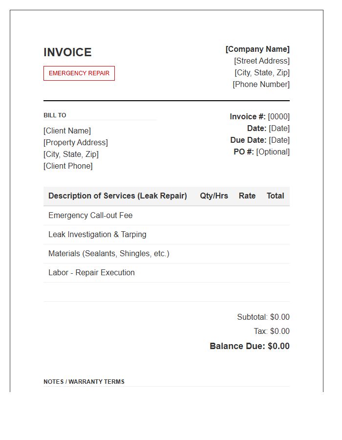 Emergency Roof Leak Repair Invoice Template