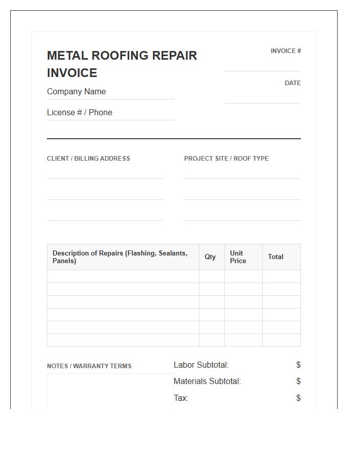Metal Roofing System Repair Invoice Template
