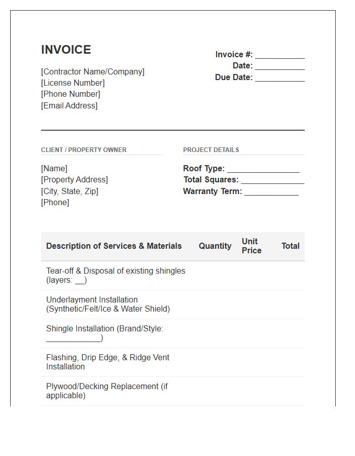 Residential Shingle Replacement Invoice Template