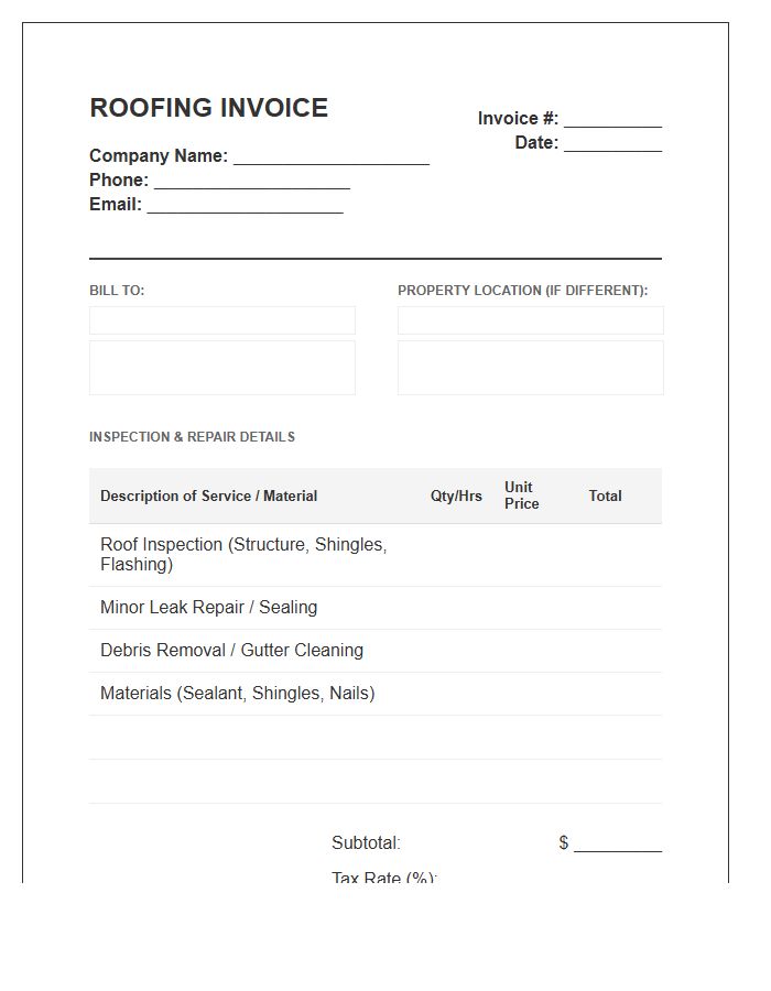 Roof Inspection And Minor Repair Invoice Template