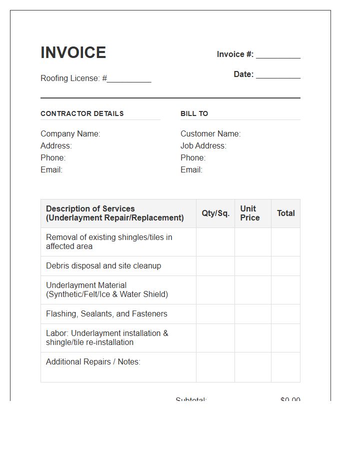 Roof Underlayment Replacement Repair Invoice Template
