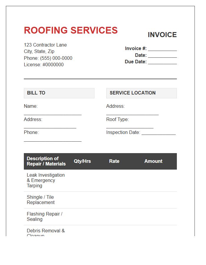 Roofing Leak Repair Service Invoice Template