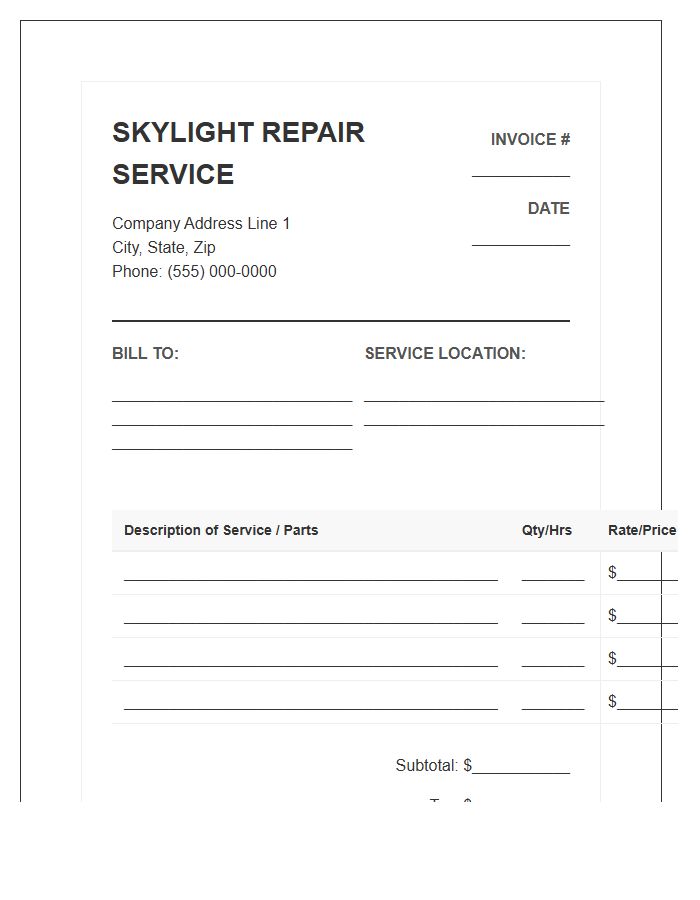 Skylight Repair Service Invoice Template