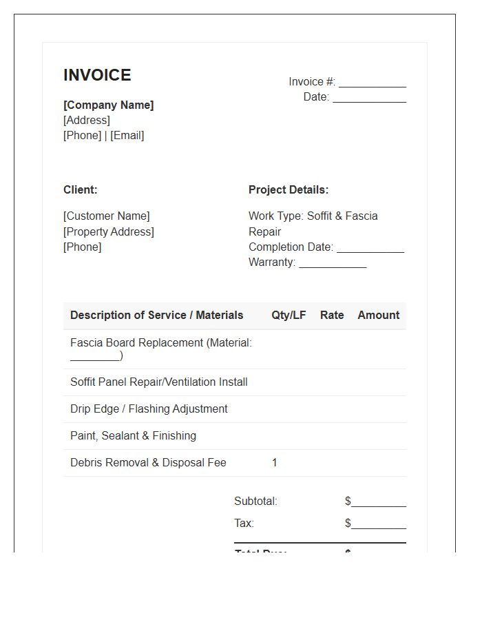 Soffit And Fascia Repair Service Invoice Template