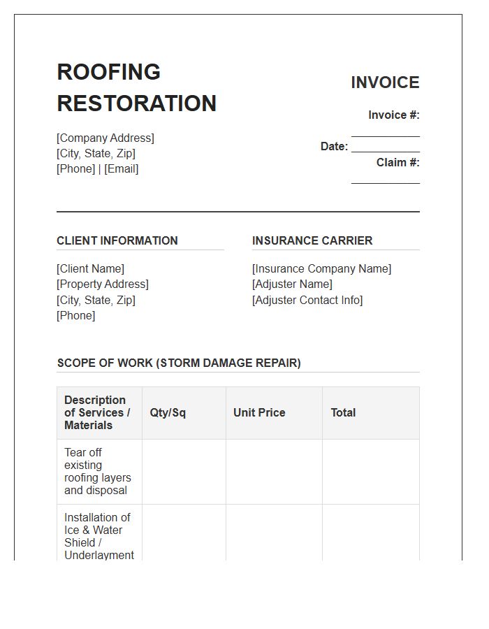 Storm Damage Roofing Restoration Invoice Template