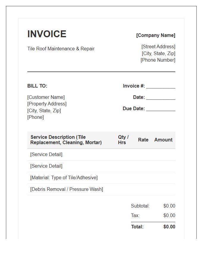 Tile Roof Maintenance And Repair Invoice Template
