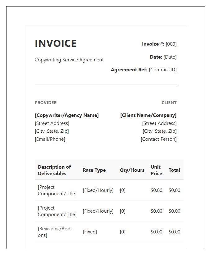Copywriting Service Agreement Invoice Template