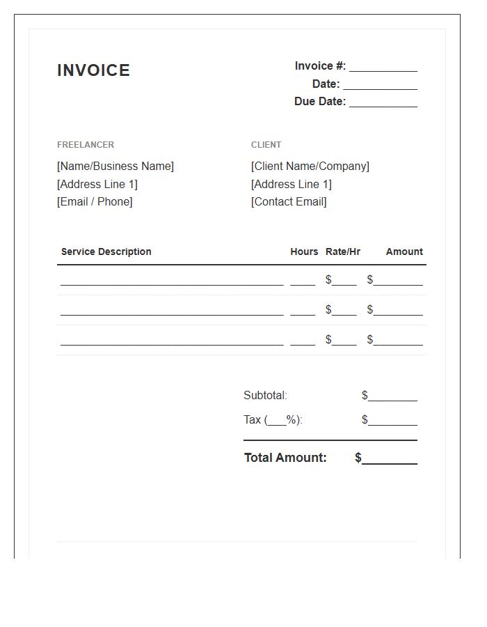 Hourly Rate Freelance Service Agreement Invoice Template