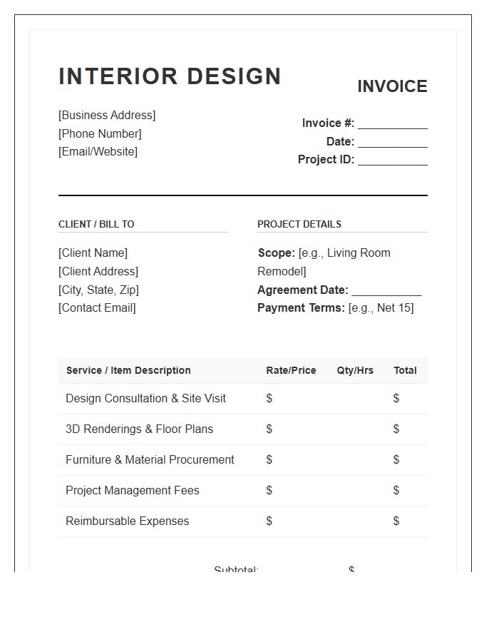 Interior Design Service Agreement Invoice Template