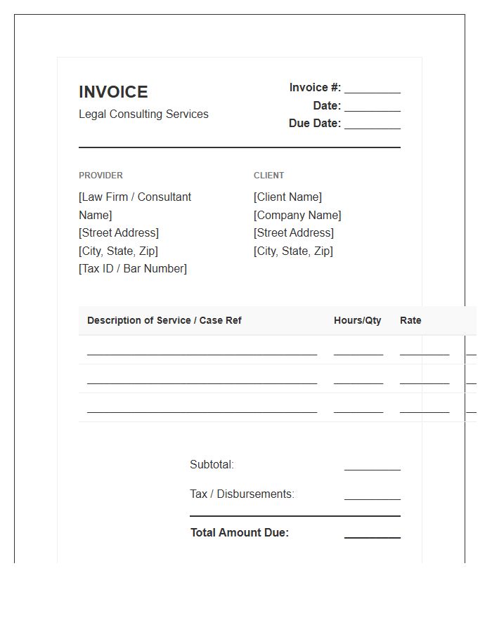 Legal Consulting Service Agreement Invoice Template