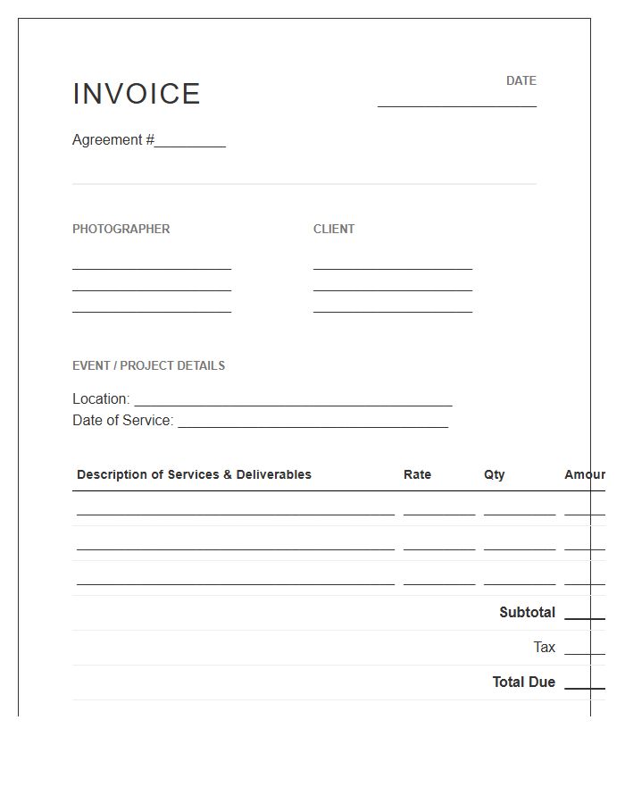Photography Service Agreement Invoice Template