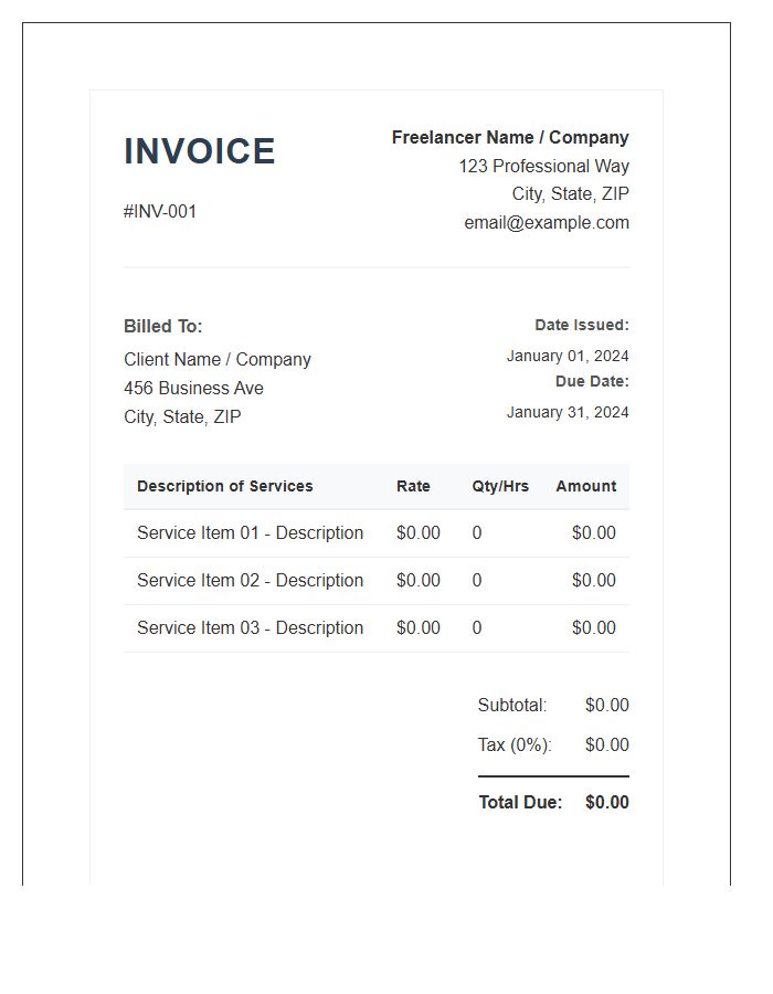 Professional Freelance Service Agreement Invoice Template