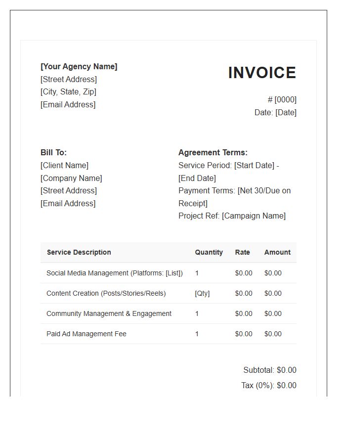 Social Media Management Service Agreement Invoice Template