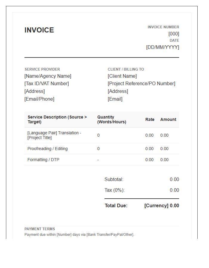 Translation Service Agreement Invoice Template
