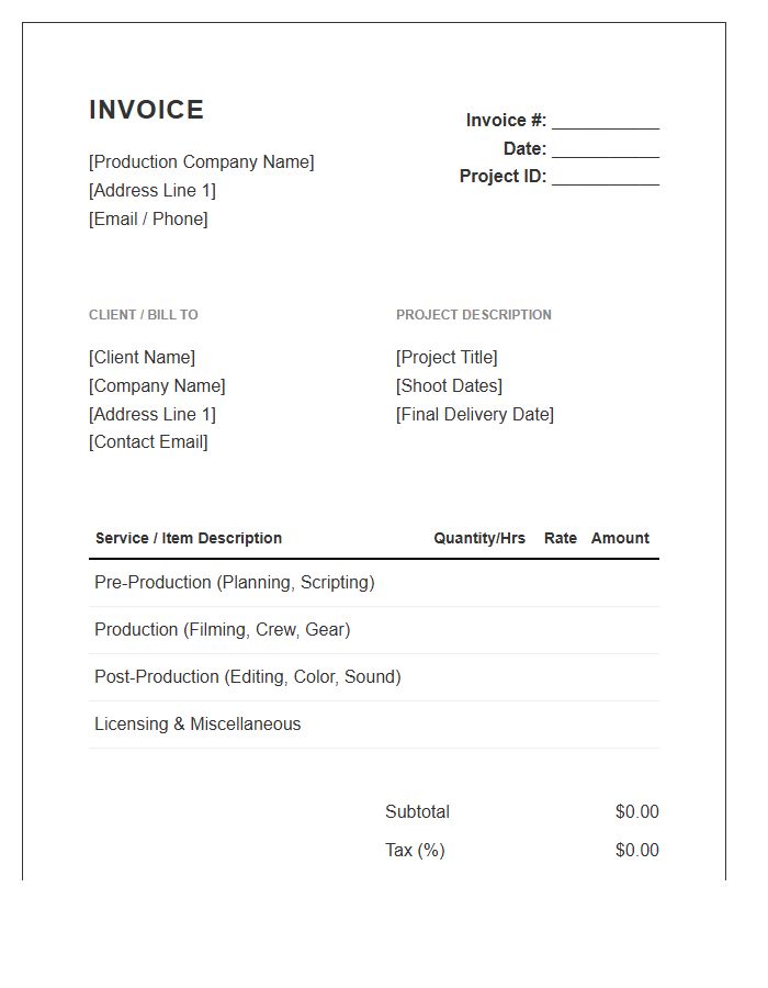 Video Production Service Agreement Invoice Template