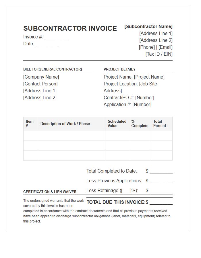 Commercial Construction Subcontractor Invoice Template