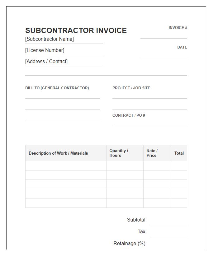 Construction Subcontractor Billing Invoice Template