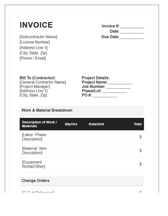 Detailed Construction Subcontractor Invoice Template