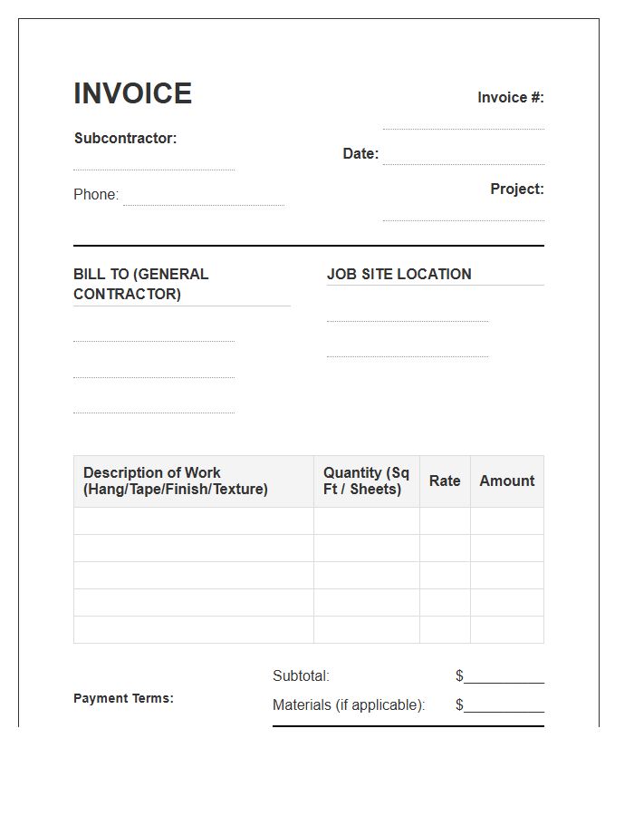 Drywall Subcontractor Billing Invoice Template