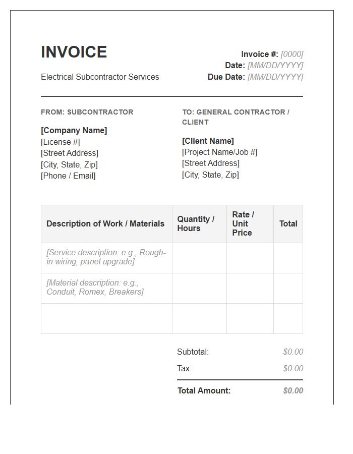 Electrical Subcontractor Service Invoice Template