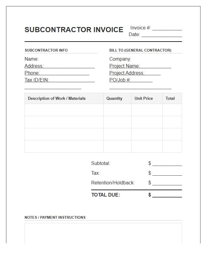 General Contractor Subcontractor Invoice Template