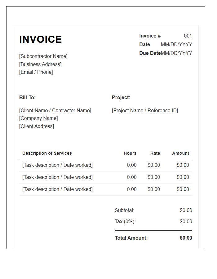 Hourly Rate Subcontractor Invoice Template