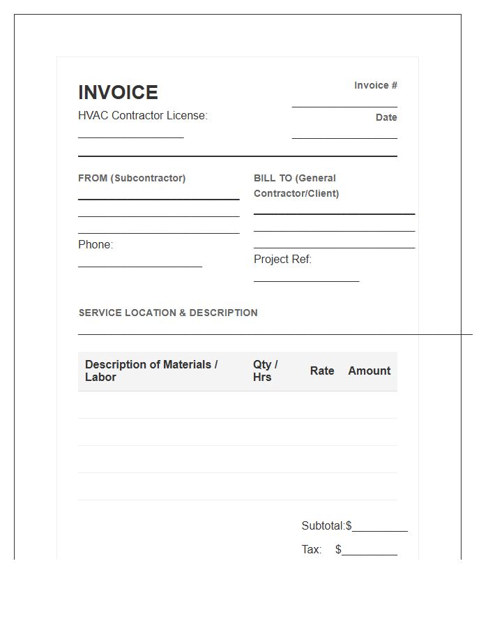 HVAC Subcontractor Professional Invoice Template