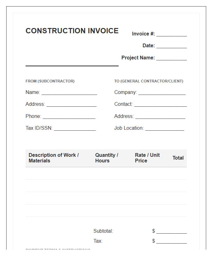 Independent Subcontractor Construction Invoice Template