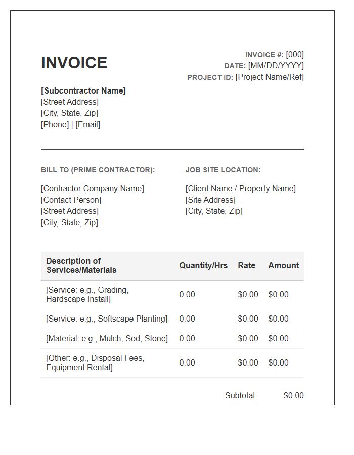 Landscaping Subcontractor Project Invoice Template