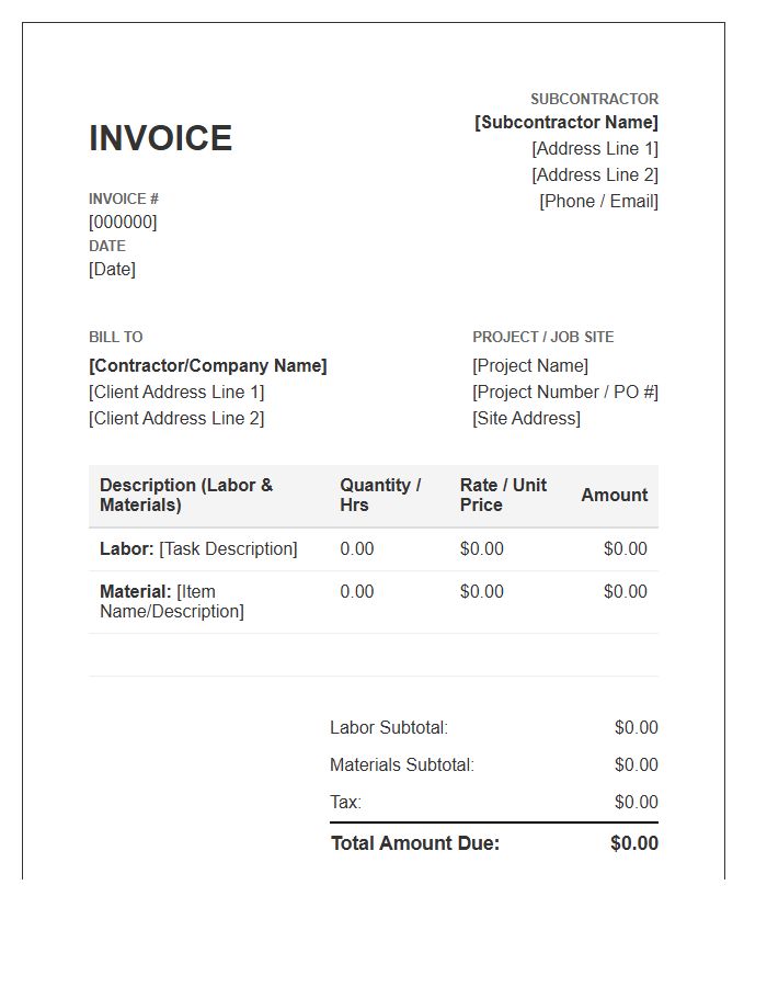 Material And Labor Subcontractor Invoice Template
