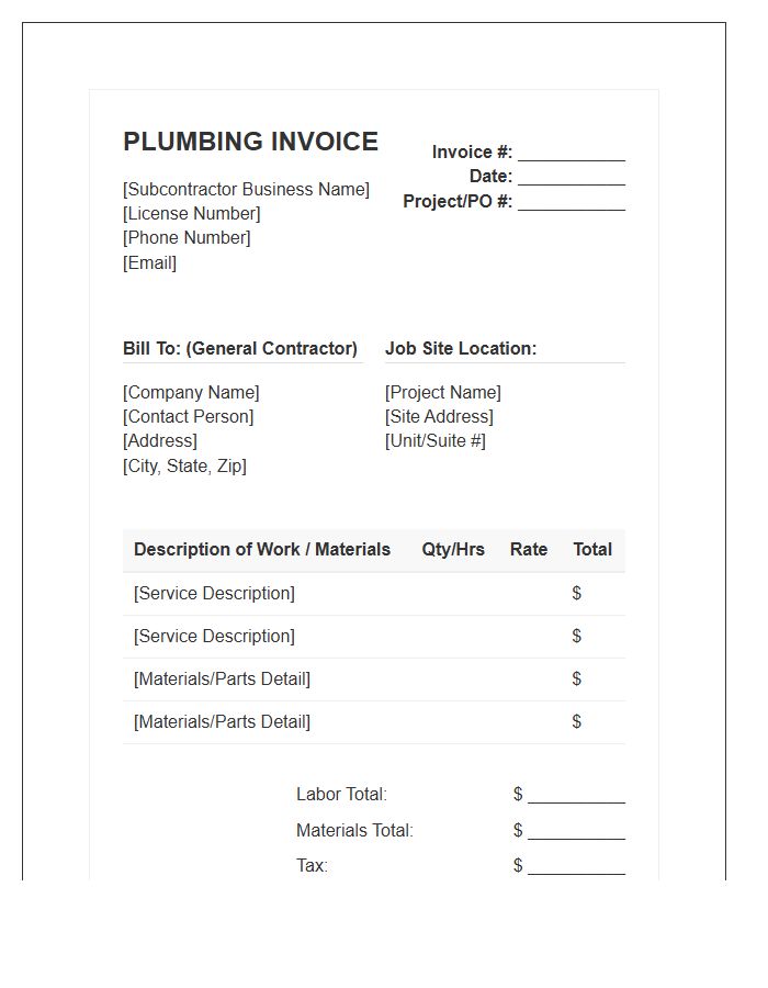 Plumbing Subcontractor Billing Invoice Template