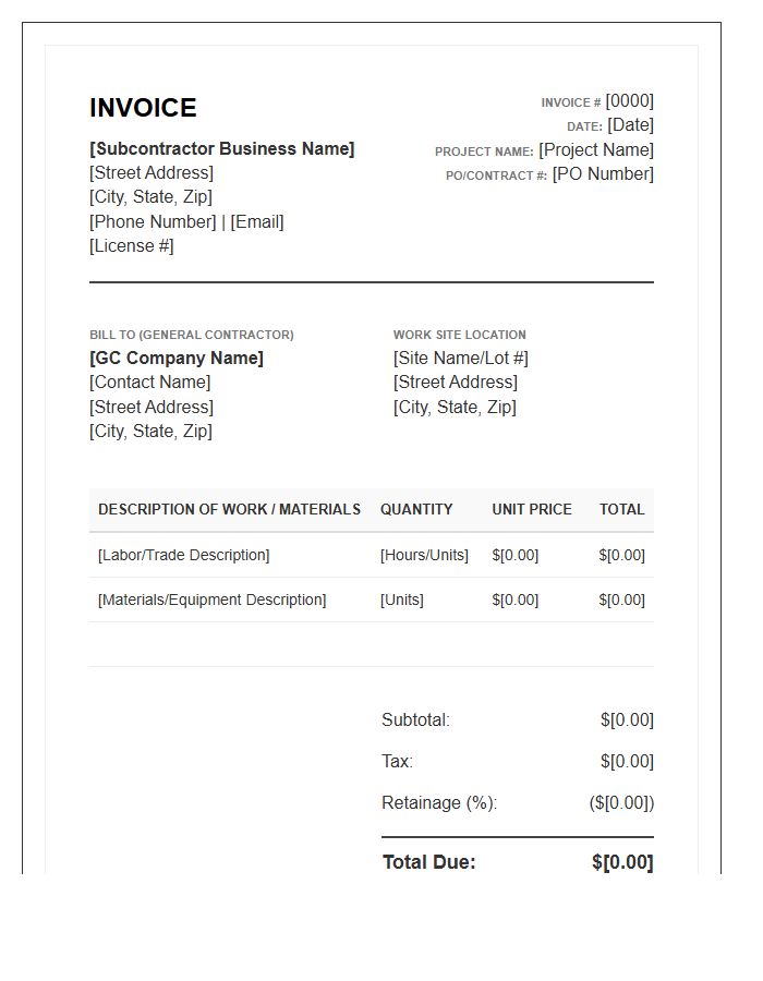 Professional Construction Subcontractor Invoice Template