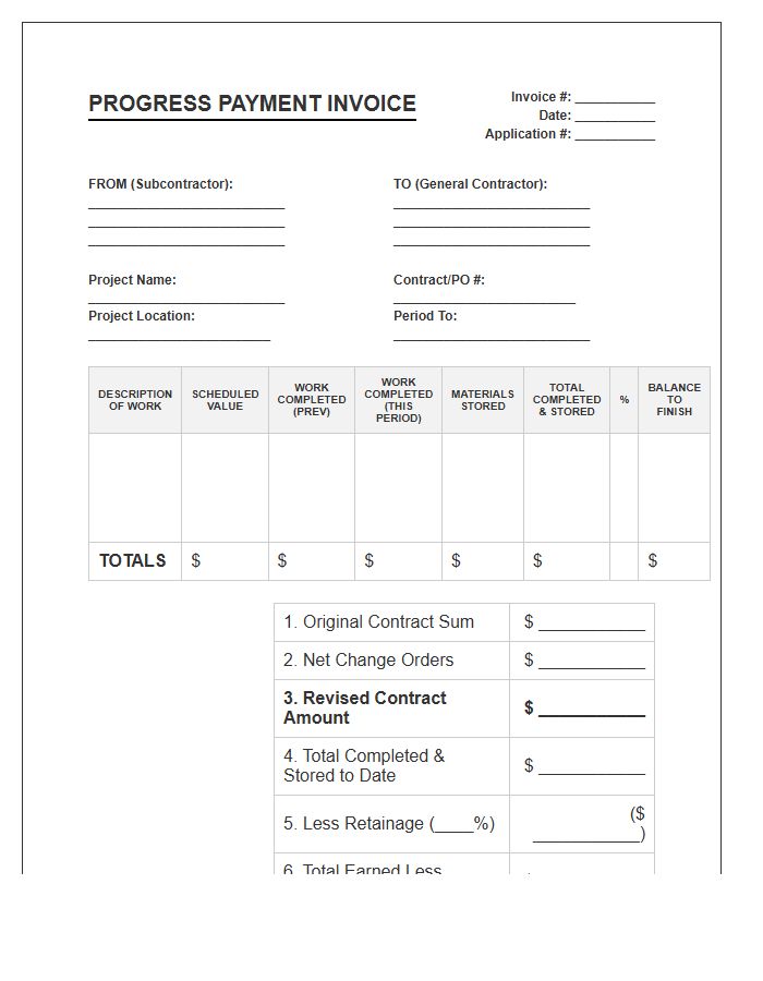 Progress Payment Subcontractor Invoice Template
