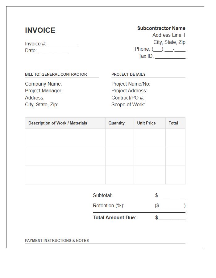 Residential Project Subcontractor Invoice Template