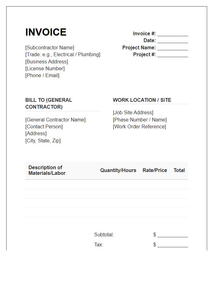 Specialty Trade Subcontractor Invoice Template