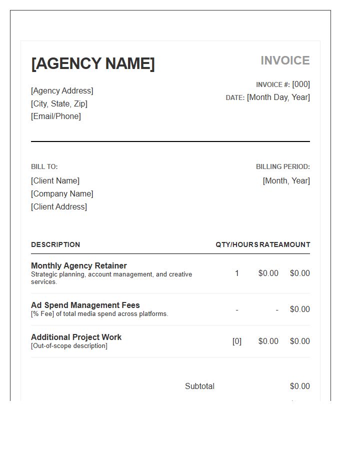 Advertising Agency Monthly Retainer Invoice Template