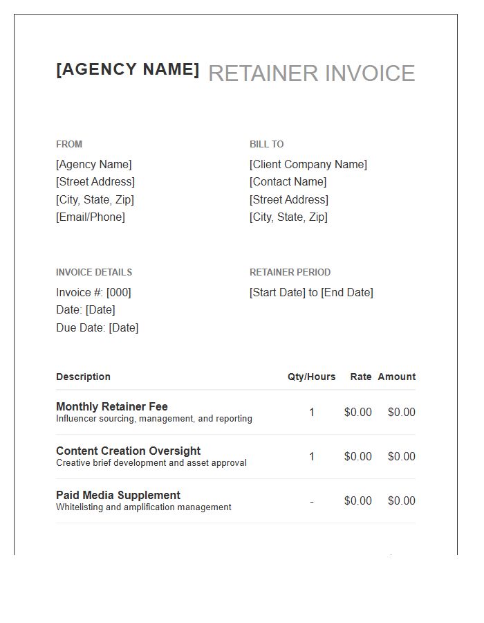 Influencer Marketing Agency Retainer Invoice Template