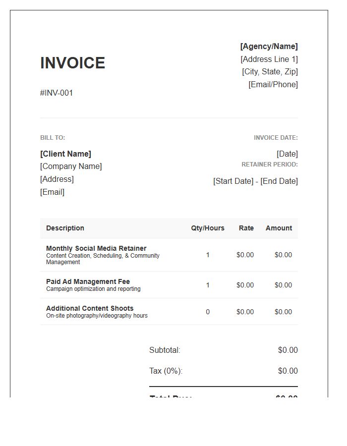 Social Media Management Retainer Invoice Template