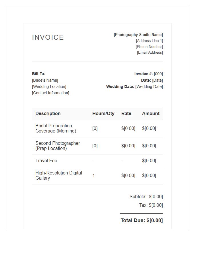 Bridal Preparation Photography Invoice Template