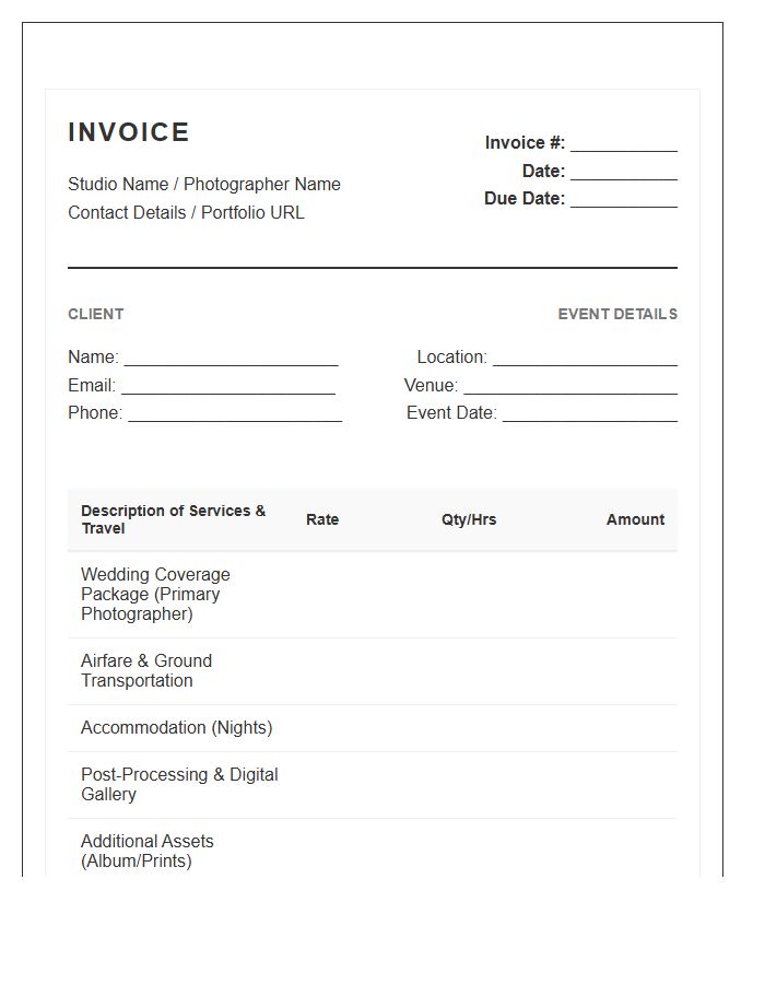 Destination Wedding Photography Service Invoice Template