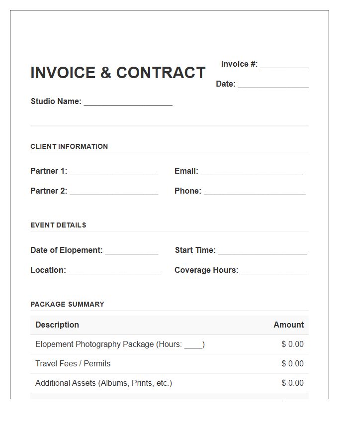 Elopement Photography Package Contract Invoice Template