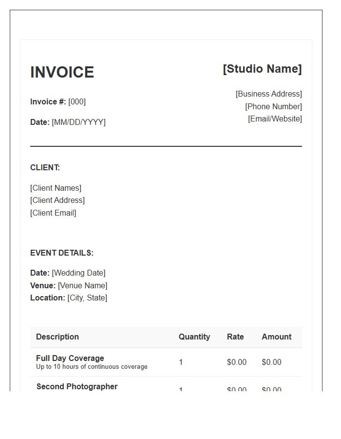 Full Day Wedding Coverage Invoice Template