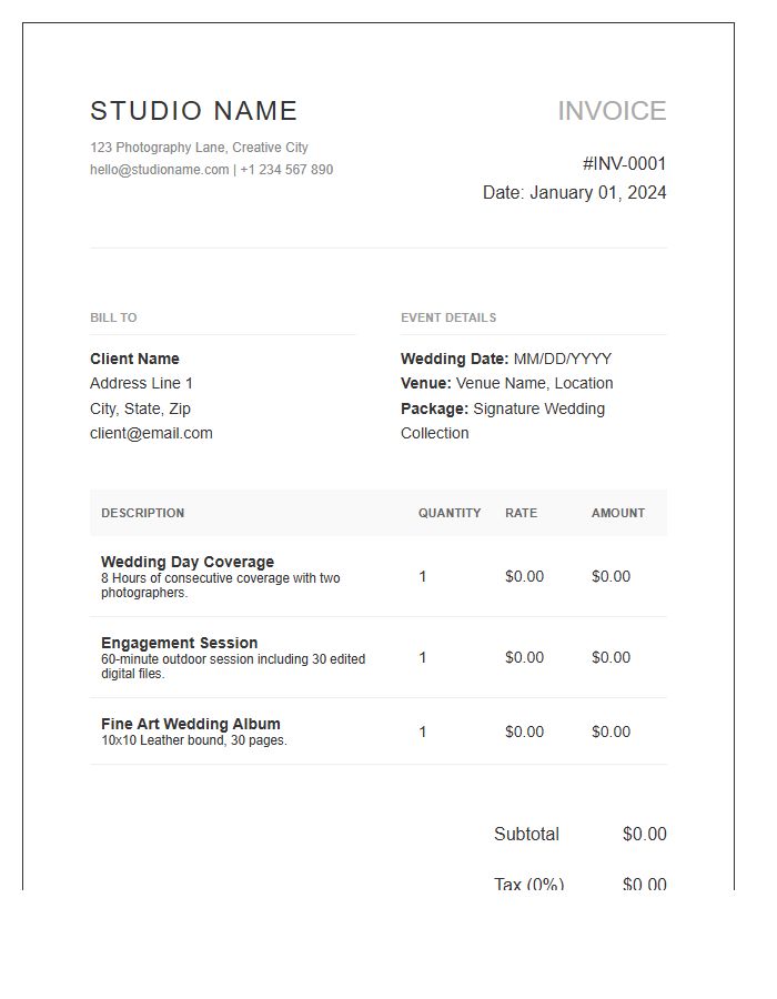 Professional Wedding Photographer Billing Invoice Template