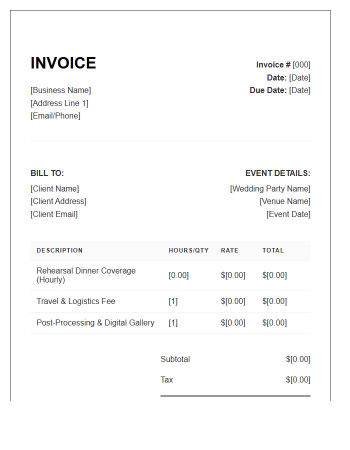 Rehearsal Dinner Coverage Invoice Template