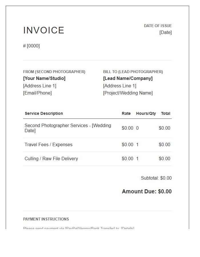 Second Wedding Photographer Service Invoice Template