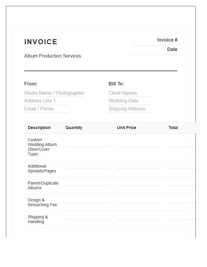 Wedding Photo Album Production Invoice Template
