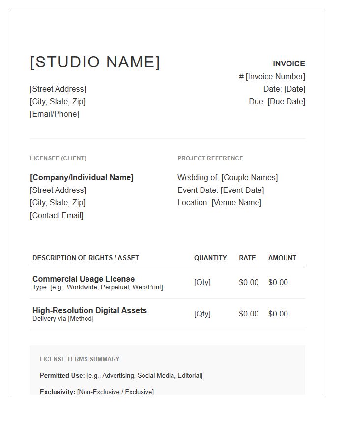 Wedding Photography Commercial License Invoice Template