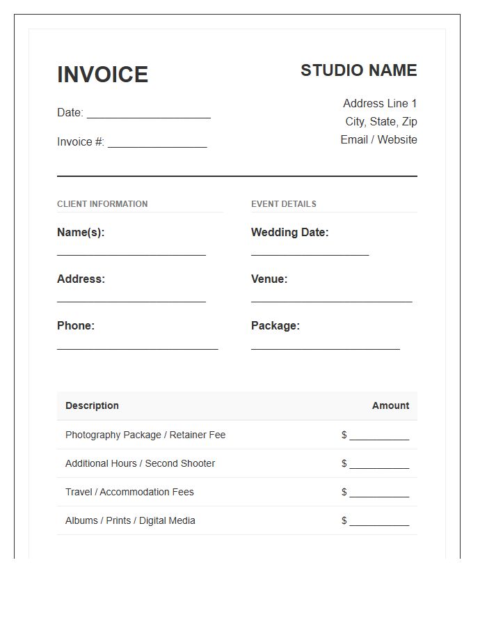Wedding Photography Contract Payment Invoice Template