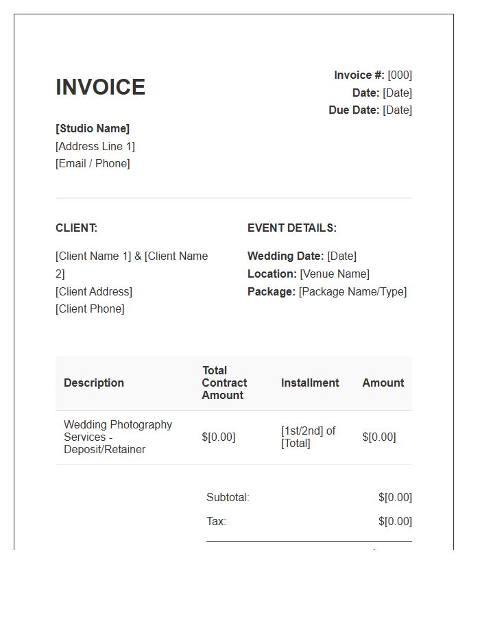 Wedding Photography Deposit Installment Invoice Template