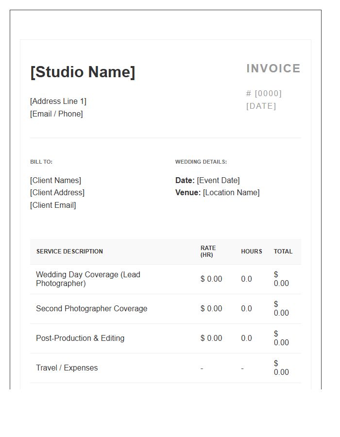 Wedding Photography Hourly Rate Invoice Template